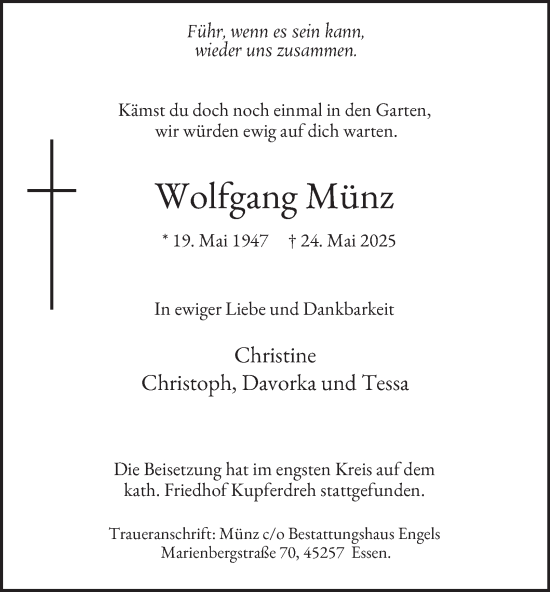 Traueranzeige von Wolfgang Münz von Tageszeitung