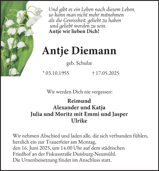 Traueranzeige von Antje Diemann von Tageszeitung