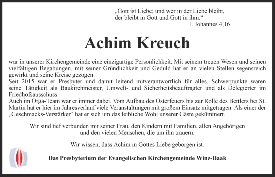 Traueranzeige von Achim Kreuch von Tageszeitung