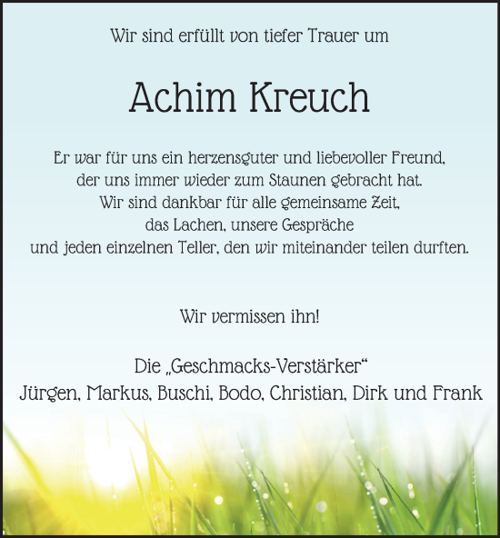 Traueranzeige von Achim Kreuch von Tageszeitung
