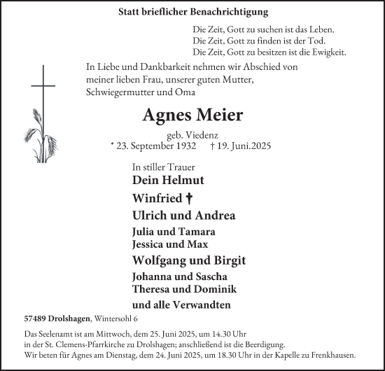 Traueranzeige von Agnes Meier von Tageszeitung