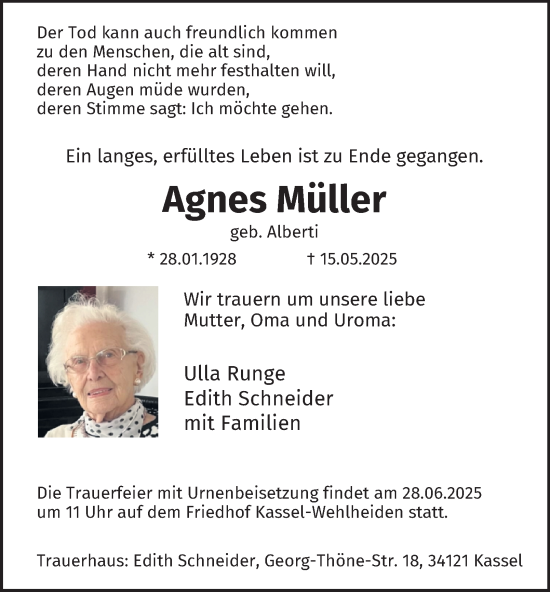 Traueranzeige von Agnes Müller von Tageszeitung