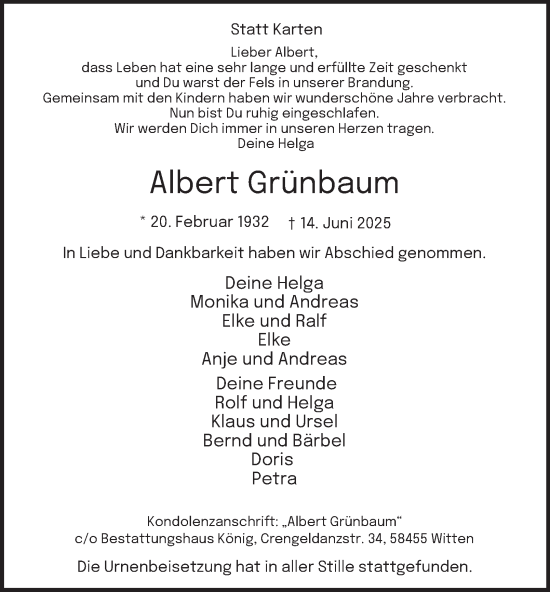 Traueranzeige von Albert Grünbaum von Tageszeitung