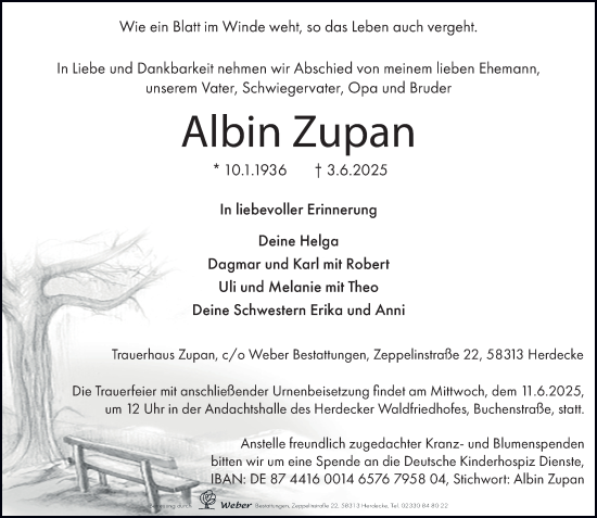 Traueranzeige von Albin Zupan von Tageszeitung