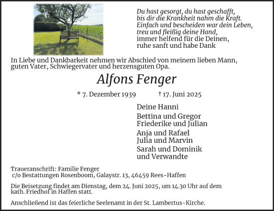 Traueranzeige von Alfons Fenger von Tageszeitung