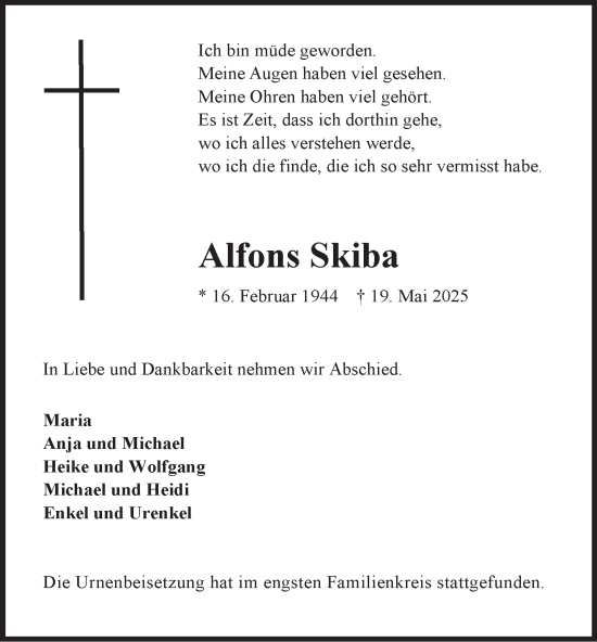 Traueranzeige von Alfons Skiba von Tageszeitung