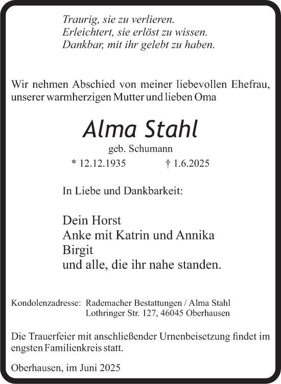 Traueranzeige von Alma Stahl von Tageszeitung