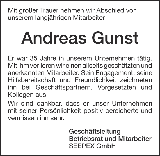 Traueranzeige von Andreas Gunst von Tageszeitung