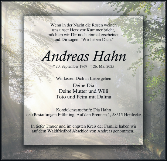 Traueranzeige von Andreas Hahn von Tageszeitung
