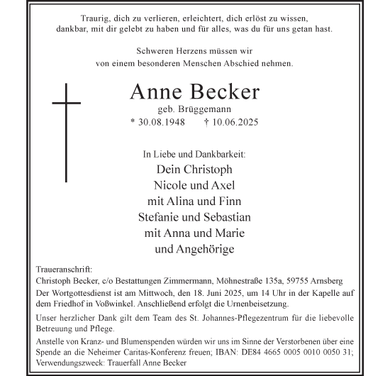 Traueranzeige von Anne Becker von Tageszeitung