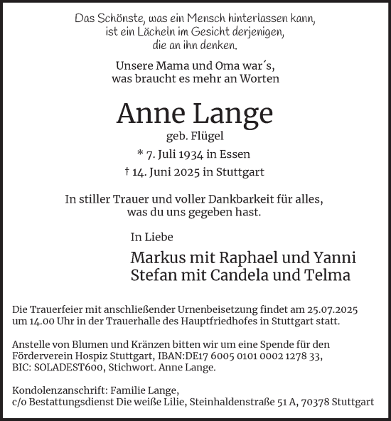 Traueranzeige von Anne Lange von Tageszeitung