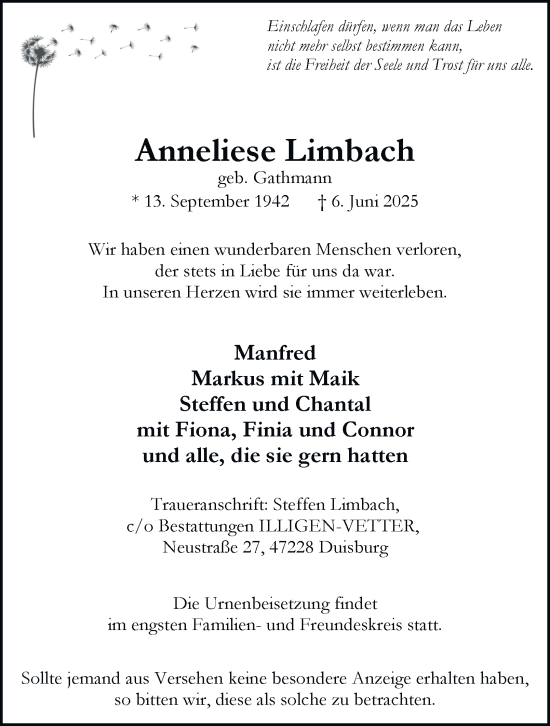 Traueranzeige von Anneliese Limbach von Tageszeitung