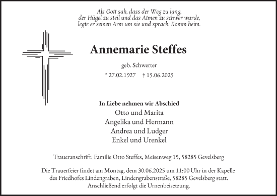 Traueranzeige von Annemarie Steffes von Tageszeitung