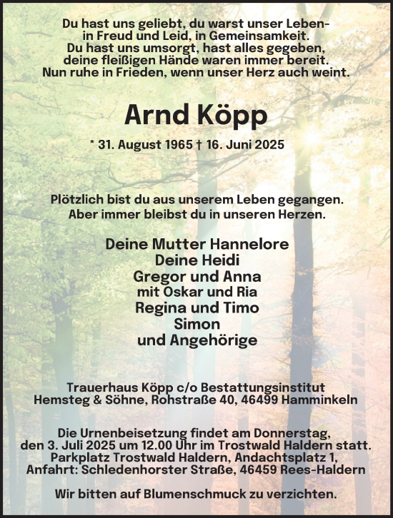 Traueranzeige von Arnd Köpp von Tageszeitung