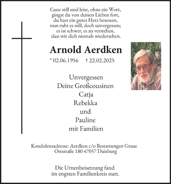 Traueranzeige von Arnold Aerdken von Tageszeitung
