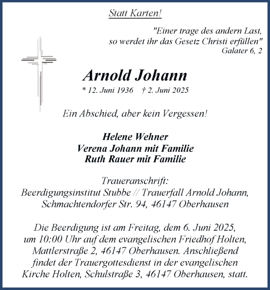 Traueranzeige von Arnold Johann von Tageszeitung