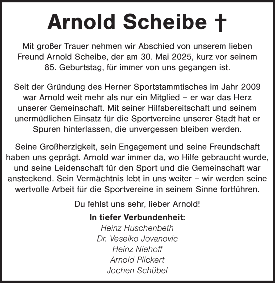 Traueranzeige von Arnold Scheibe von Tageszeitung