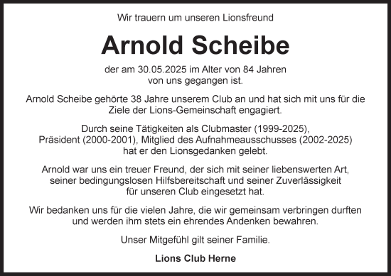 Traueranzeige von Arnold Scheibe von Tageszeitung