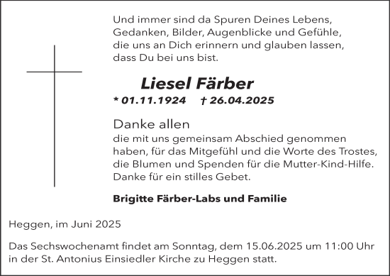 Traueranzeige von Liesel Färber von Tageszeitung