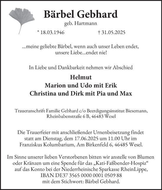 Traueranzeige von Bärbel Gebhard von Tageszeitung