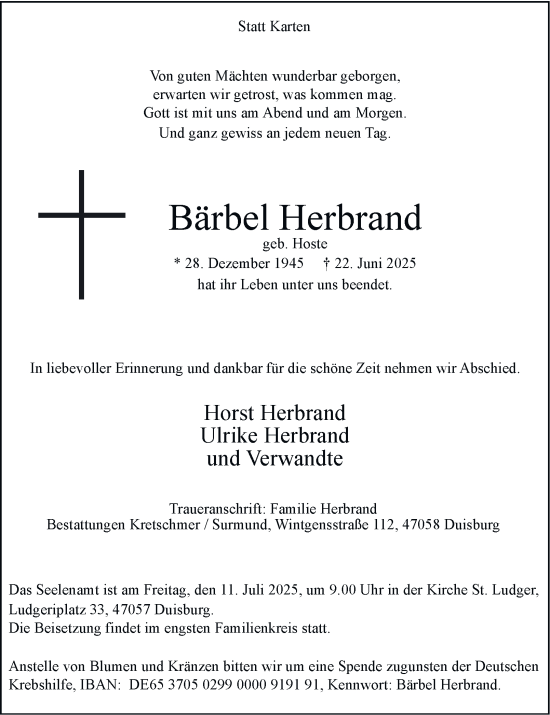 Traueranzeige von Bärbel Herbrand von Tageszeitung