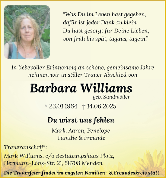 Traueranzeige von Barbara Williams von Tageszeitung