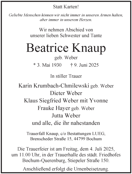 Traueranzeige von Beatrice Knaup von Tageszeitung