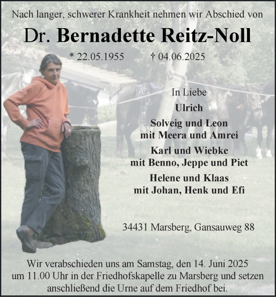 Traueranzeige von Bernadette Reitz-Noll von Tageszeitung