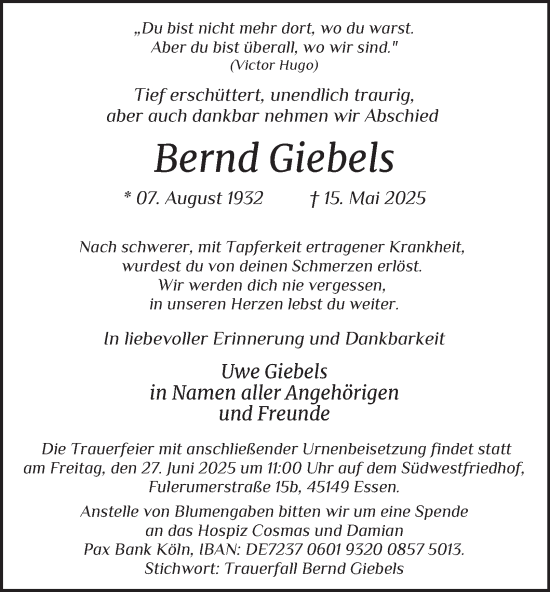 Traueranzeige von Bernd Giebels von Tageszeitung