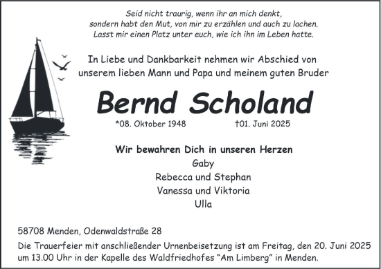 Traueranzeige von Bernd Scholand von Tageszeitung