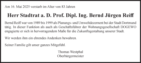 Traueranzeige von Bernd Jürgen Reiff von Tageszeitung