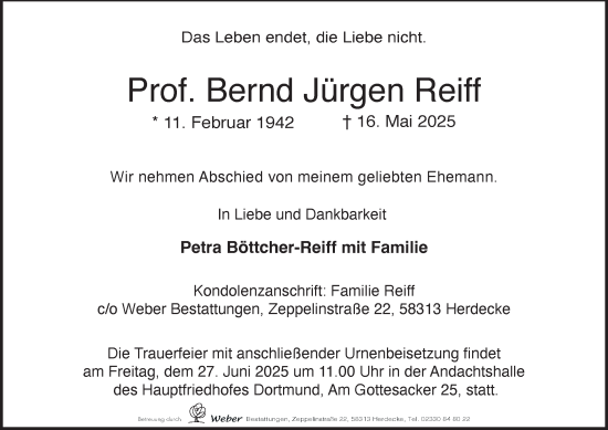Traueranzeige von Bernd Jürgen Reiff von Tageszeitung