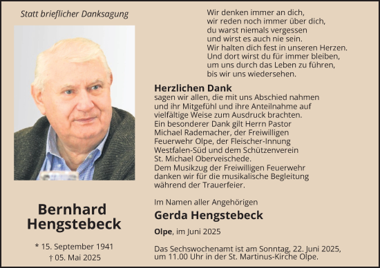 Traueranzeige von Bernhard Hengstebeck von Tageszeitung