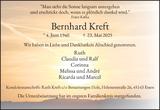 Traueranzeige von Bernhard Kreft von Tageszeitung