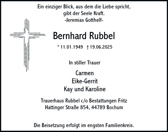 Traueranzeige von Bernhard Rubbel von Tageszeitung