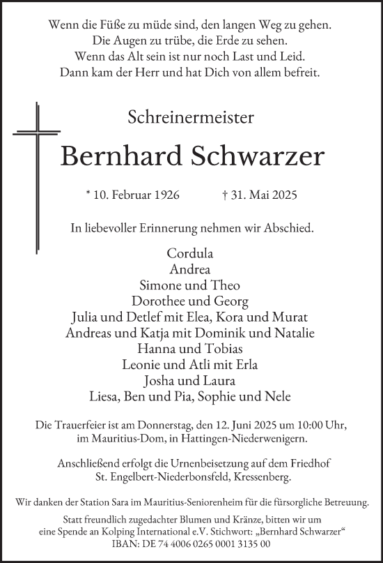 Traueranzeige von Bernhard Schwarzer von Tageszeitung