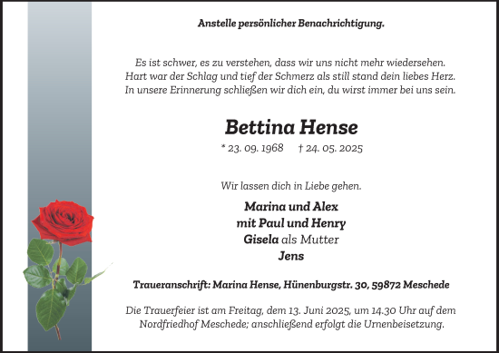 Traueranzeige von Bettina Hense von Tageszeitung