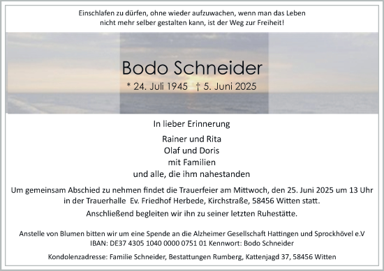Traueranzeige von Bodo Schneider von Tageszeitung