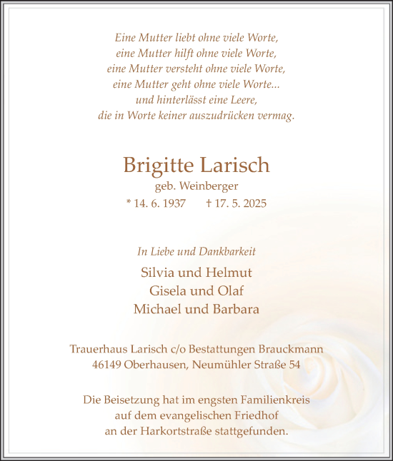Traueranzeige von Brigitte Larisch von Tageszeitung