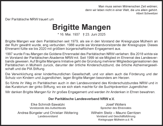 Traueranzeige von Brigitte Mangen von Tageszeitung