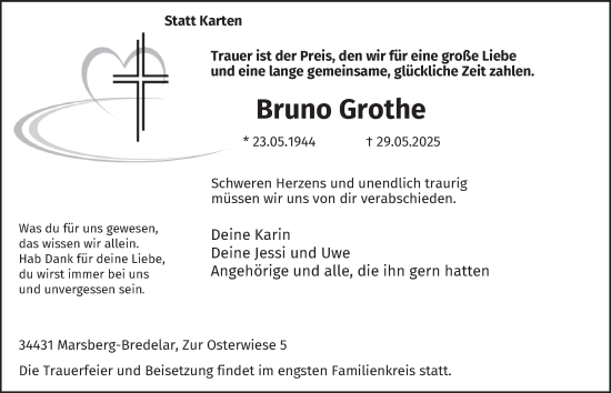 Traueranzeige von Bruno Grothe von Tageszeitung