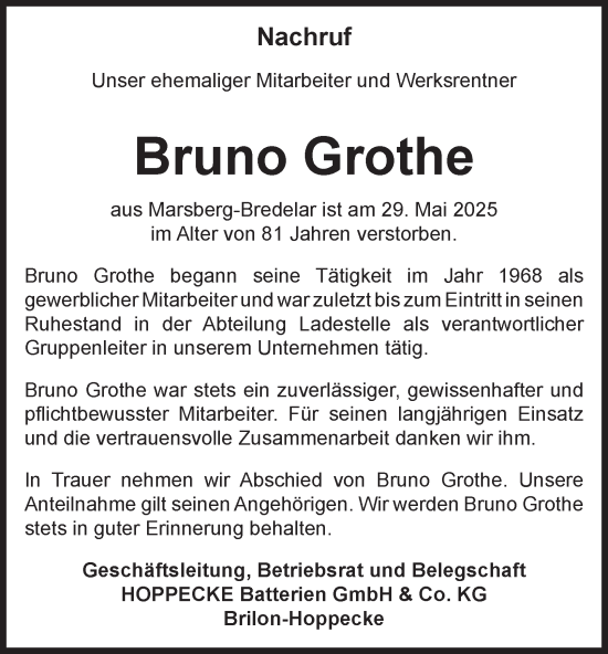 Traueranzeige von Bruno Grothe von Tageszeitung