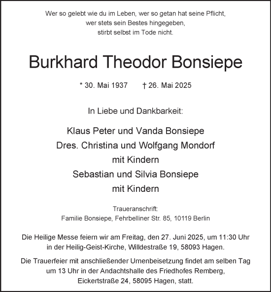 Traueranzeige von Burkhard Theodor Bonsiepe von Tageszeitung