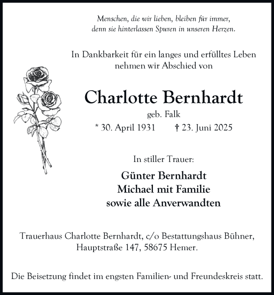 Traueranzeige von Charlotte Bernhardt von Tageszeitung