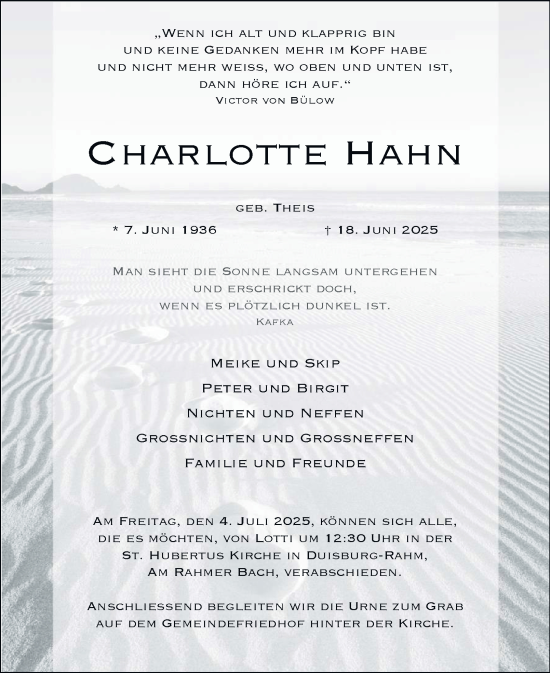 Traueranzeige von Charlotte Hahn von Tageszeitung