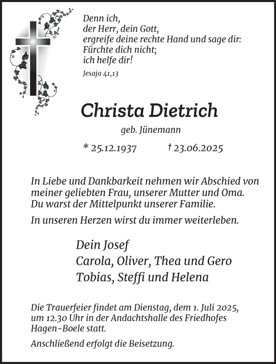 Traueranzeige von Christa Dietrich von Tageszeitung