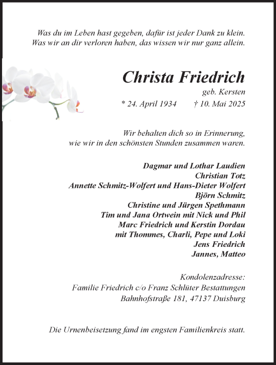 Traueranzeige von Christa Friedrich von Tageszeitung