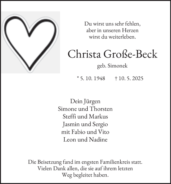 Traueranzeige von Christa Große-Beck von Tageszeitung