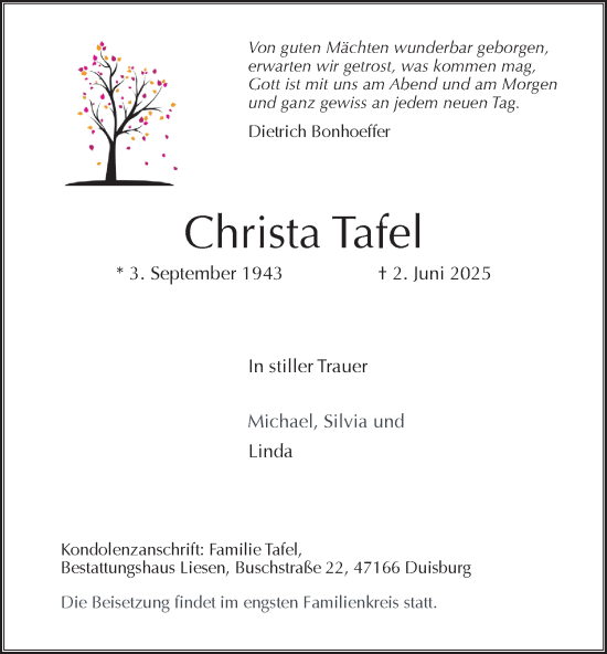 Traueranzeige von Christa Tafel von Tageszeitung
