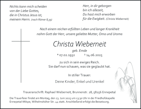 Traueranzeige von Christa Wieberneit von Tageszeitung